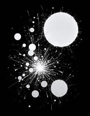 The primary subject of the image is a white circle with a black background. The circle is surrounded by numerous white dots, creating a visually striking and dynamic scene. The visual style of the image is a combination of digital art and illustration, with the white circle and dots appearing as if they are exploding or flying outwards. The colors and mood of the image are predominantly black and white, with the white circle and dots providing a sense of energy and movement.